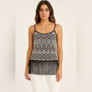Freeway Black & White Tribal Fringe Tank Top Boho Festival Style sz M